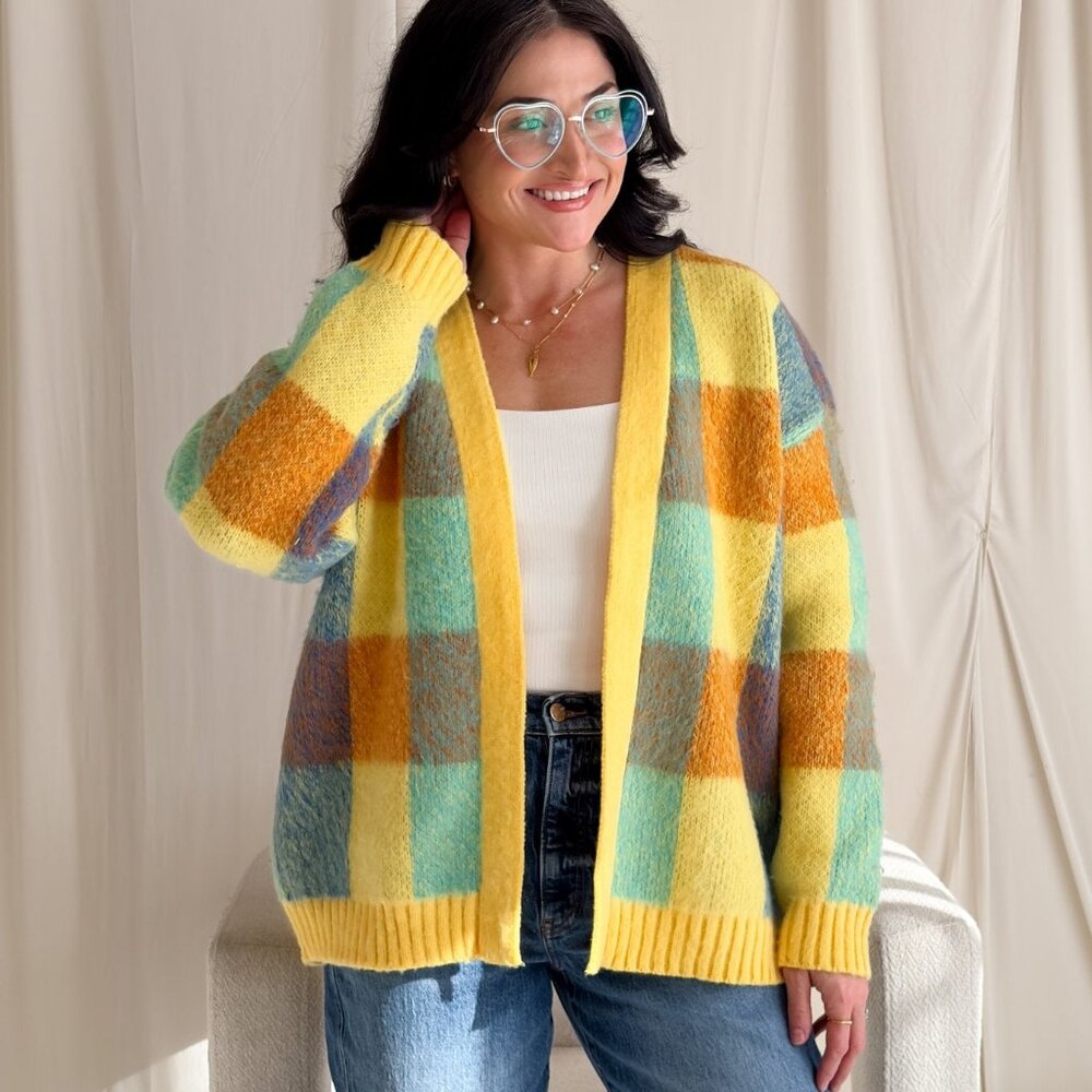 Yellow Multi-Color Check Knit Cardigan – Soft Oversized Fit